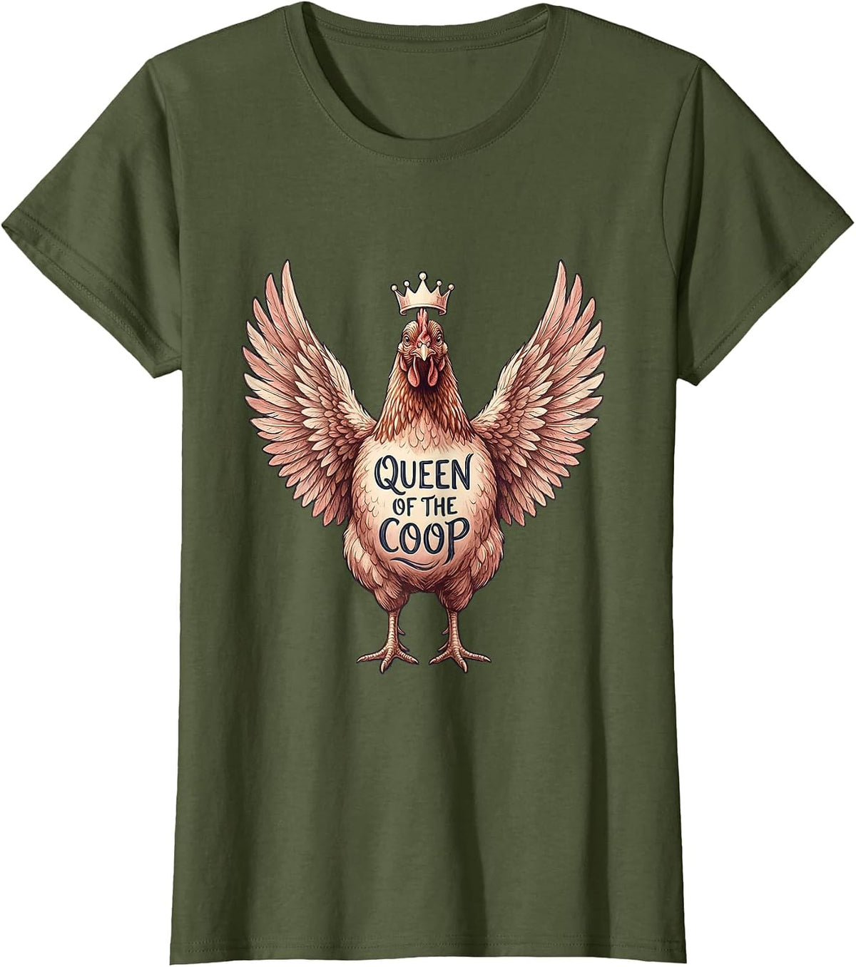 Women's Queen of the Coop Chicken Design T-Shirt - Olive Green