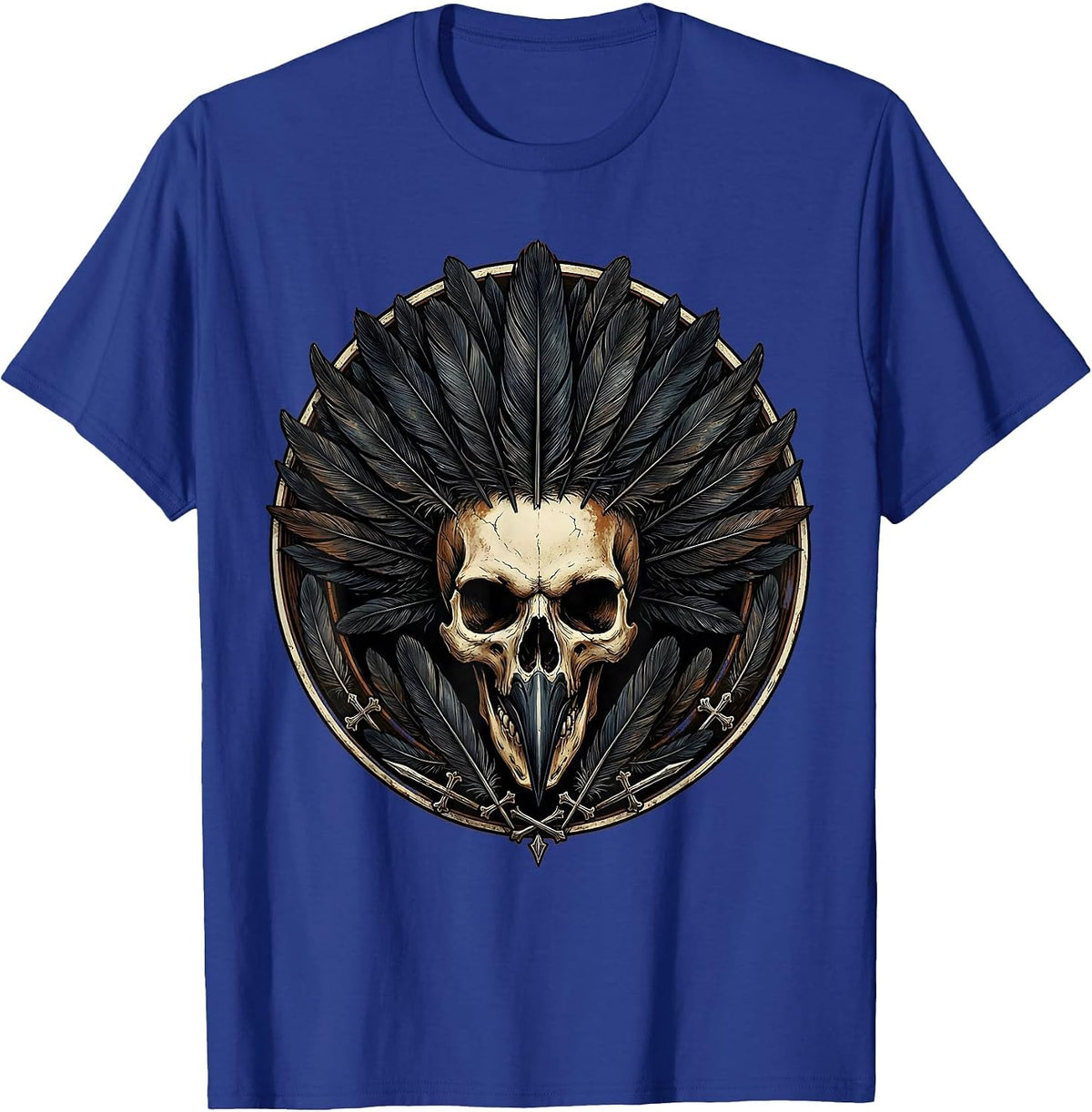 Men's Crow Skull Feather Crown Gothic Art Design T-Shirt - Royal Blue