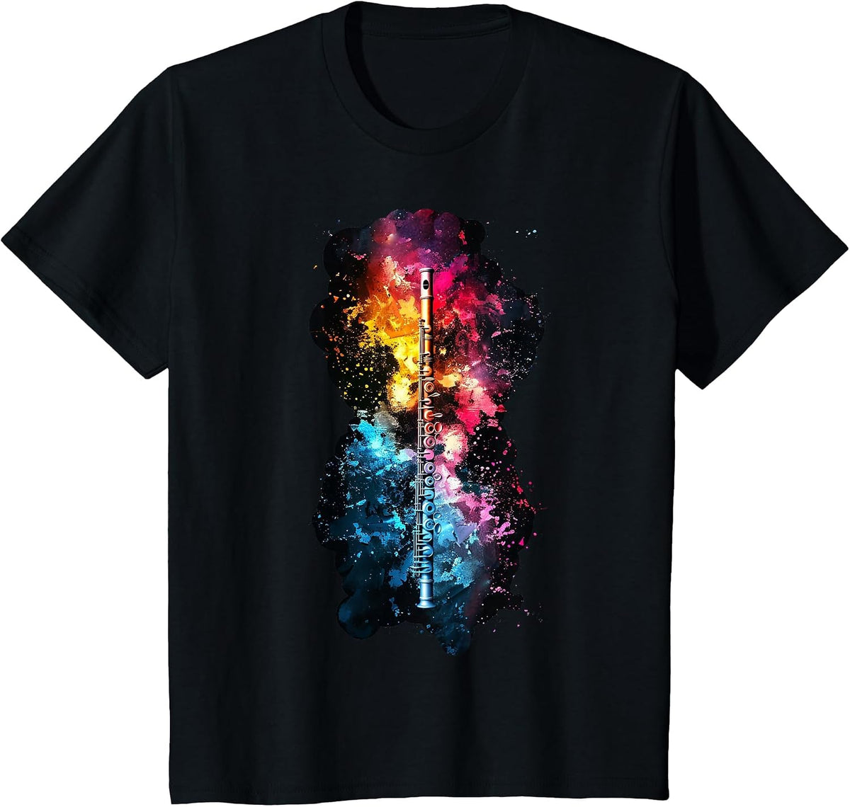 Flute Instrument on Colorful Painted Flute T-Shirt - Black