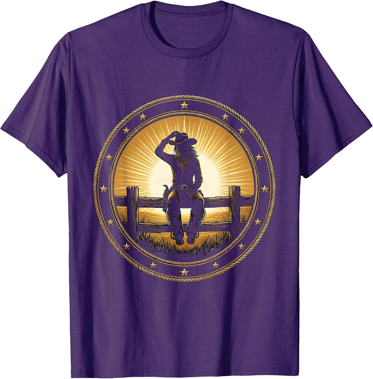 Cowgirl Sitting on Fence Watching Sunrise T-Shirt - Purple