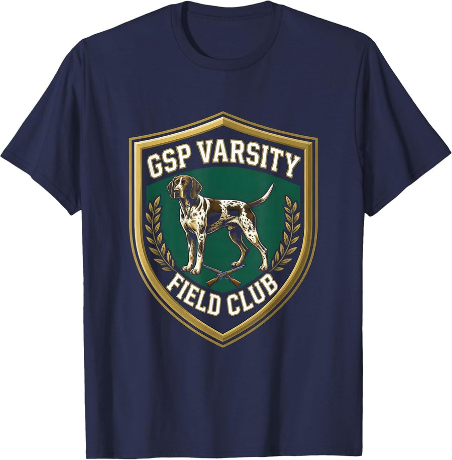 GSP Varsity Field Club Hunting Dog Design T-Shirt - Navy Blue