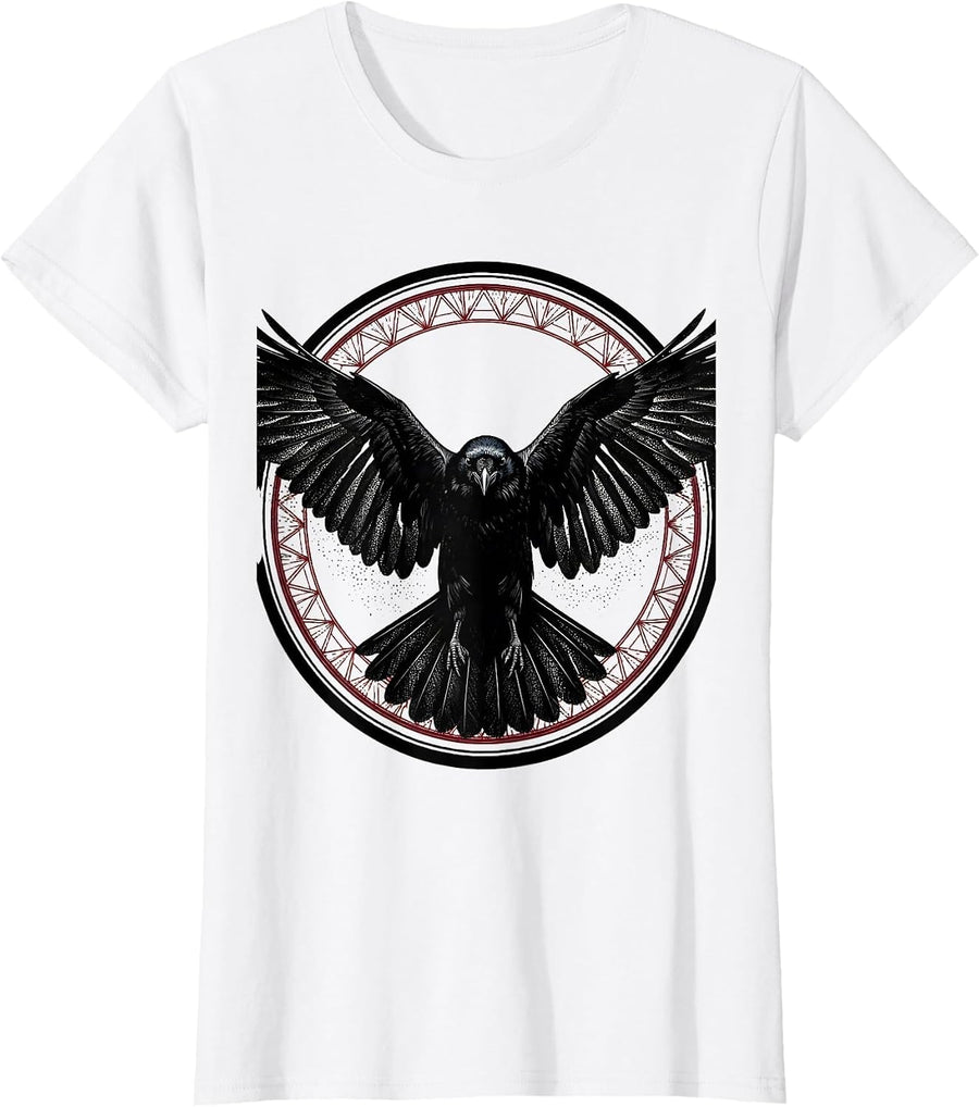 Women's Crow In Flight Spread Wings Bird Art Design T-Shirt - White