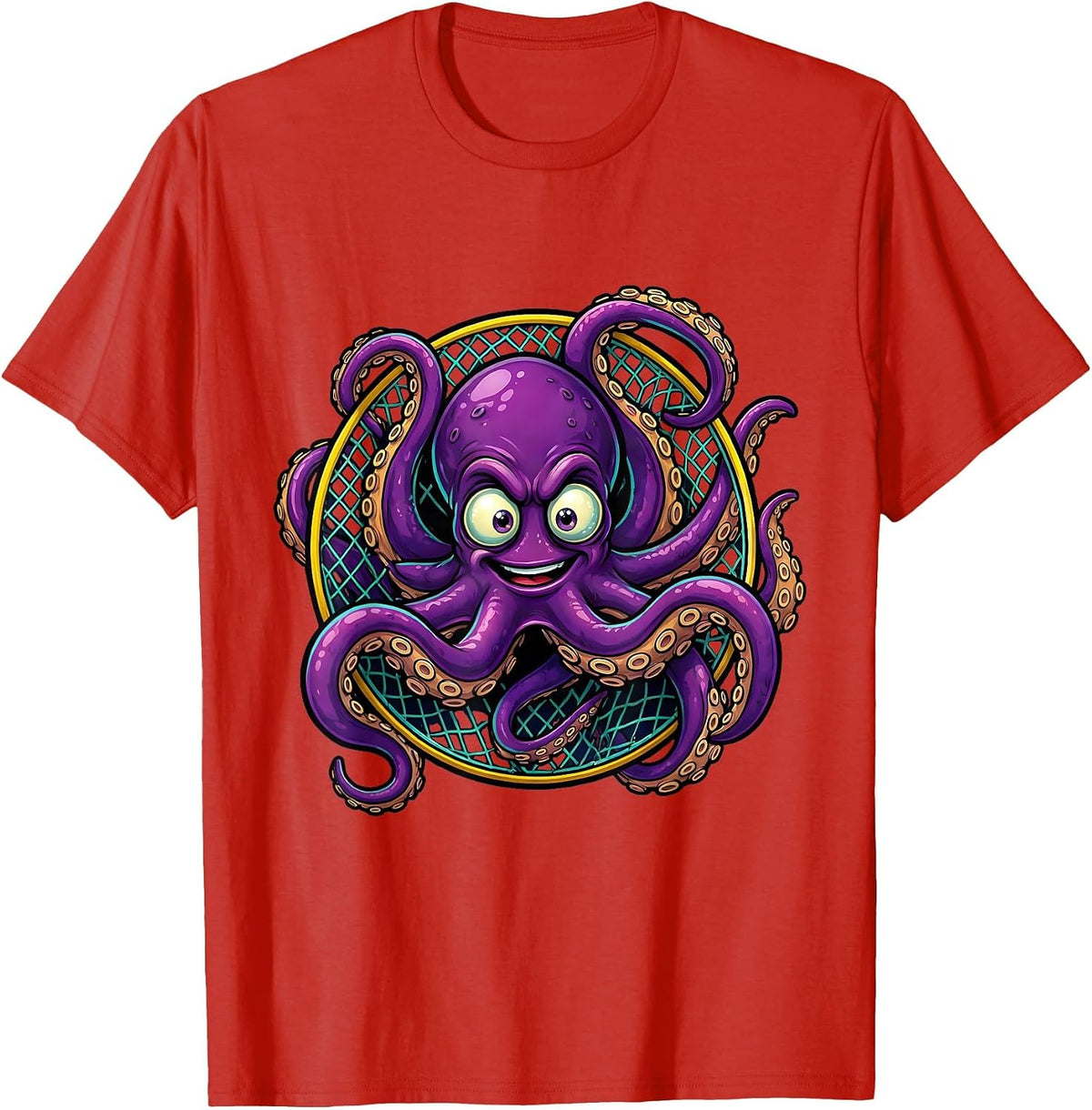 Men's Deep Sea Octopus Soccer Goal Net Illustration T-Shirt - Red