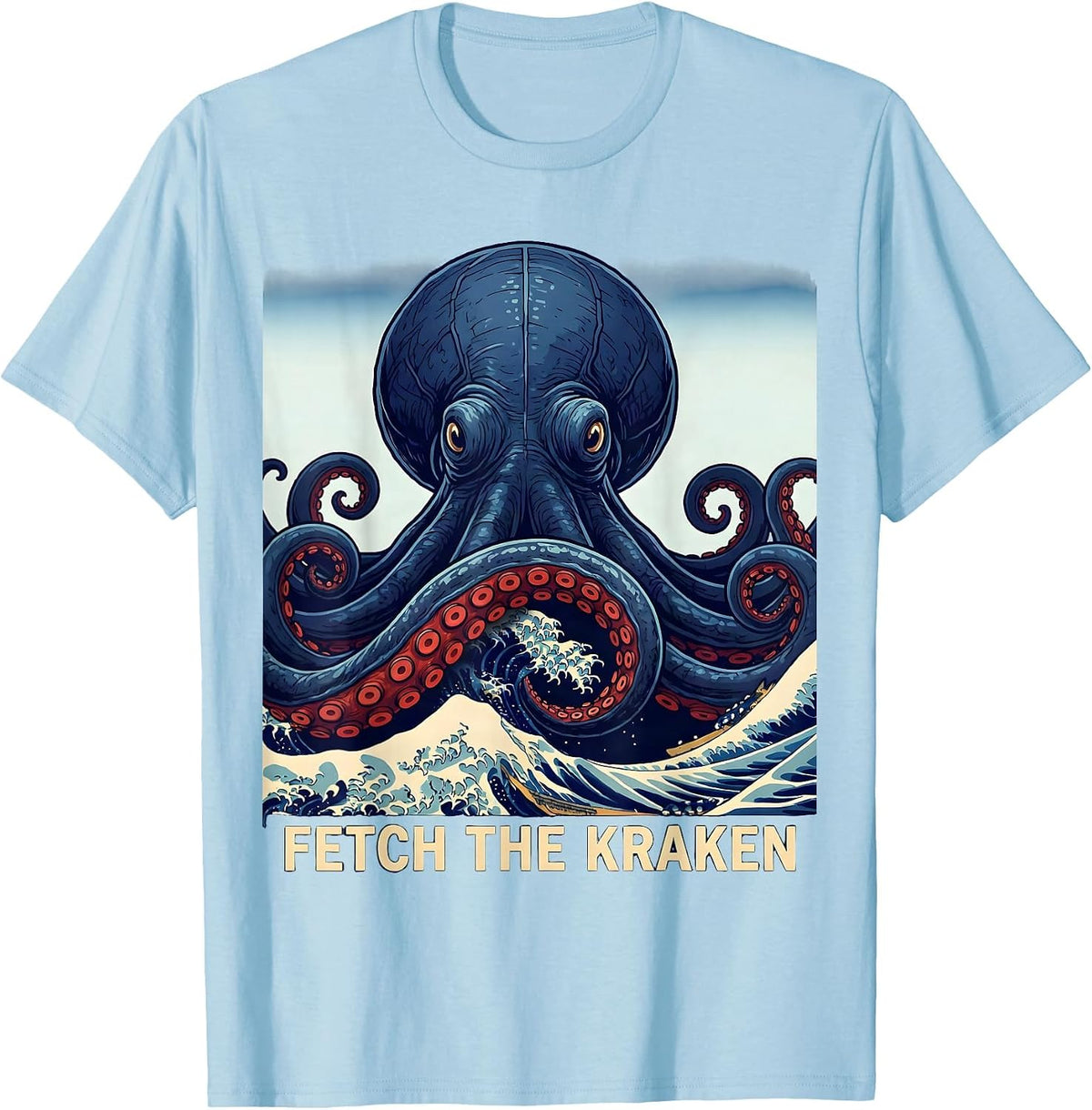 Men's Fetch The Kraken Ukiyo-e Octopus Sea Monster Ocean Lover T-Shirt - Baby Blue