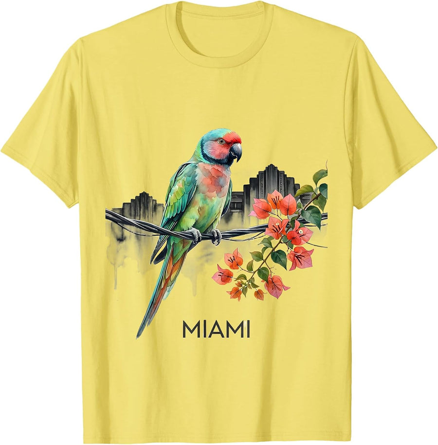 Men's MIAMI Watercolor Monk Parakeet Vintage Florida Souvenir T-Shirt - Lemon Yellow