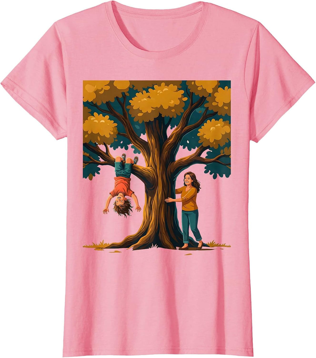 Women's Boy Mom Upside Down Tree Climbing Illustration T-Shirt - Pink
