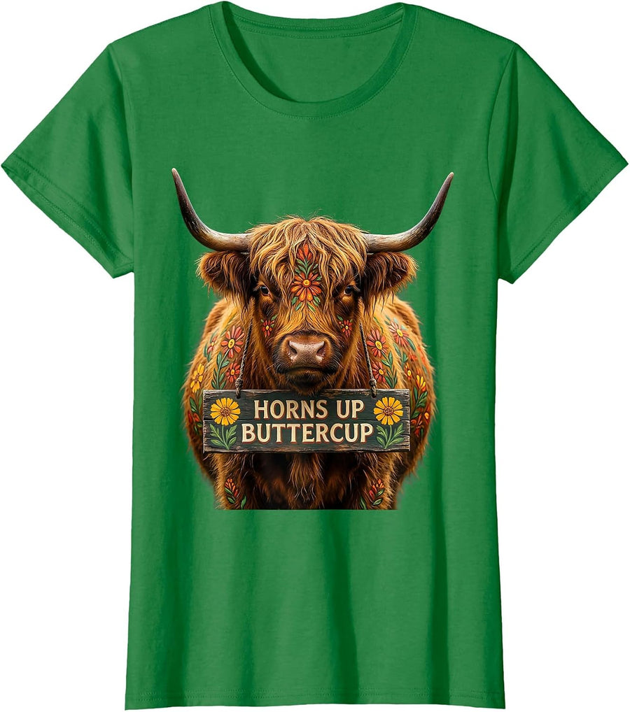 Women's Horns Up Buttercup Highland Cow Design T-Shirt - Kelly Green