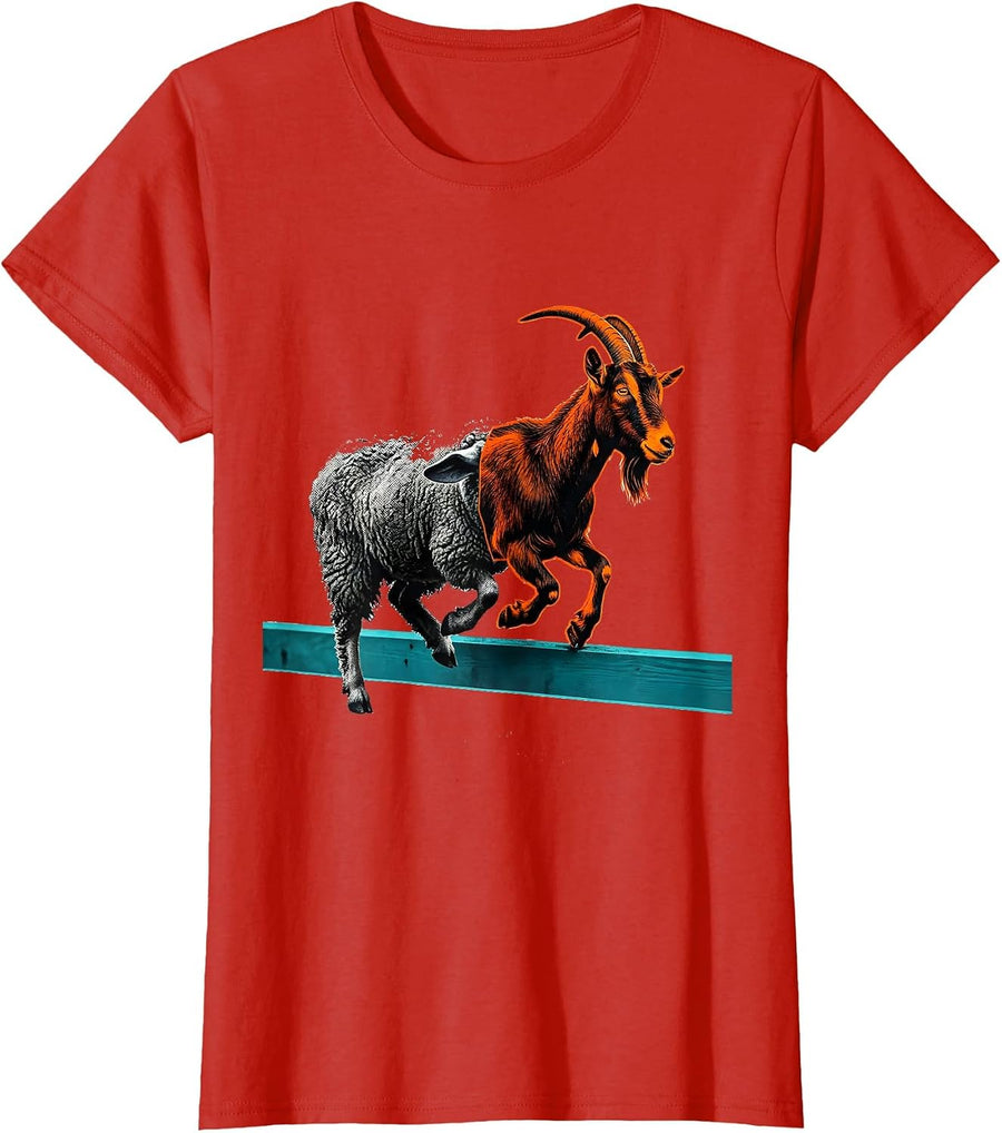 Women's Goat And Sheep Animal Farm Humor Novelty T-Shirt - Red