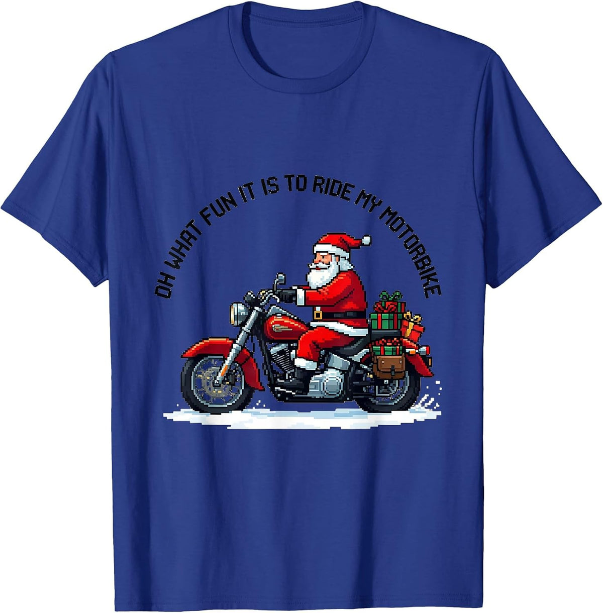 Men's Oh What Fun It Is To Ride My Motorbike Pixel Art Biker Santa T-Shirt - Royal Blue