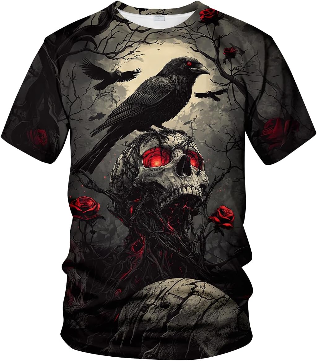 Novelty Men's Gothic Skull T-Shirt Dark Fantasy Graphic Tee Shirt - Grey