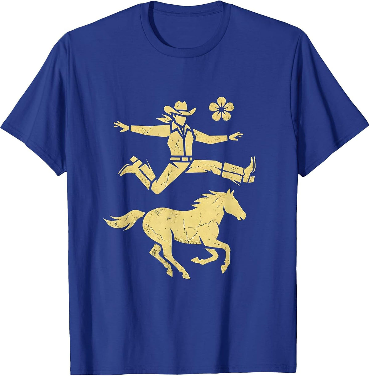 Cowgirl Mid-Leap Off Moving Horse Graphic T-Shirt - Royal Blue