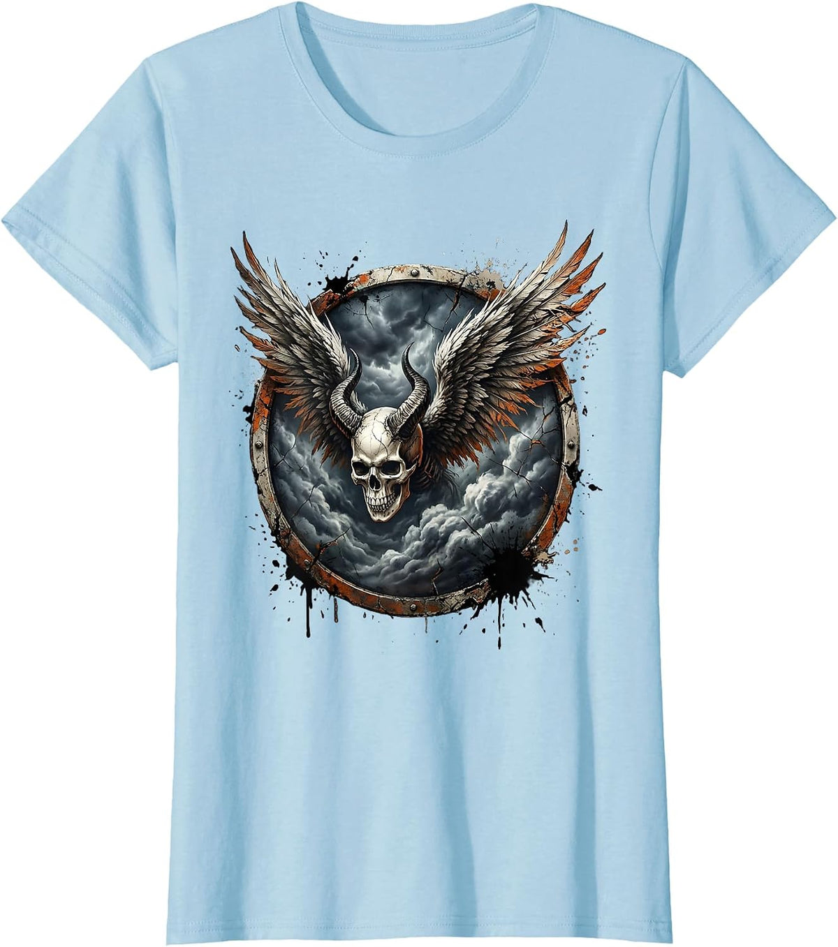 Winged Skull Storm Clouds Metal Band Graphic T-Shirt - Baby Blue