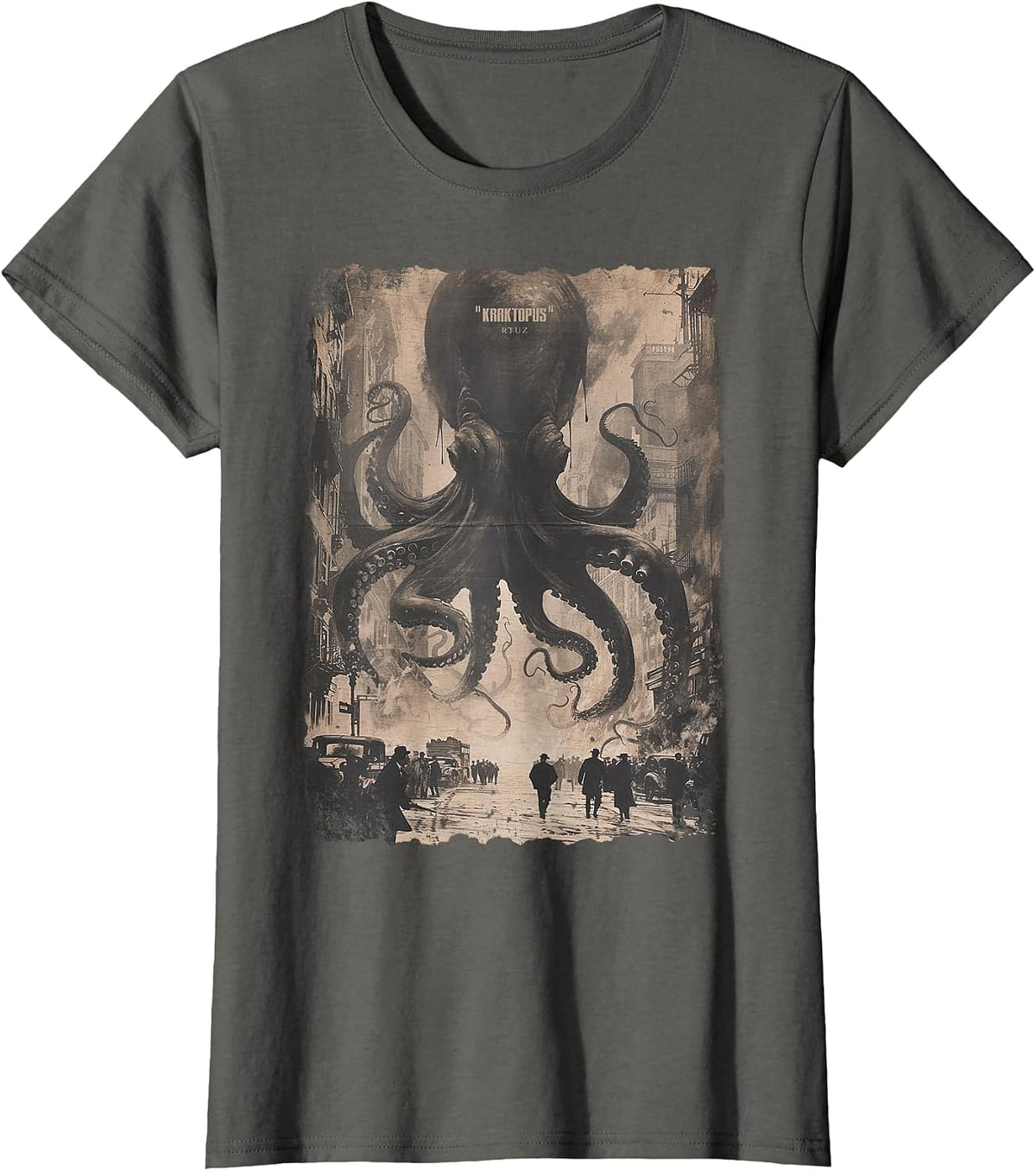 Y2K Streetwear Vintage Fashion Octopus Horror Monster Kraken T-Shirt - Asphalt Grey