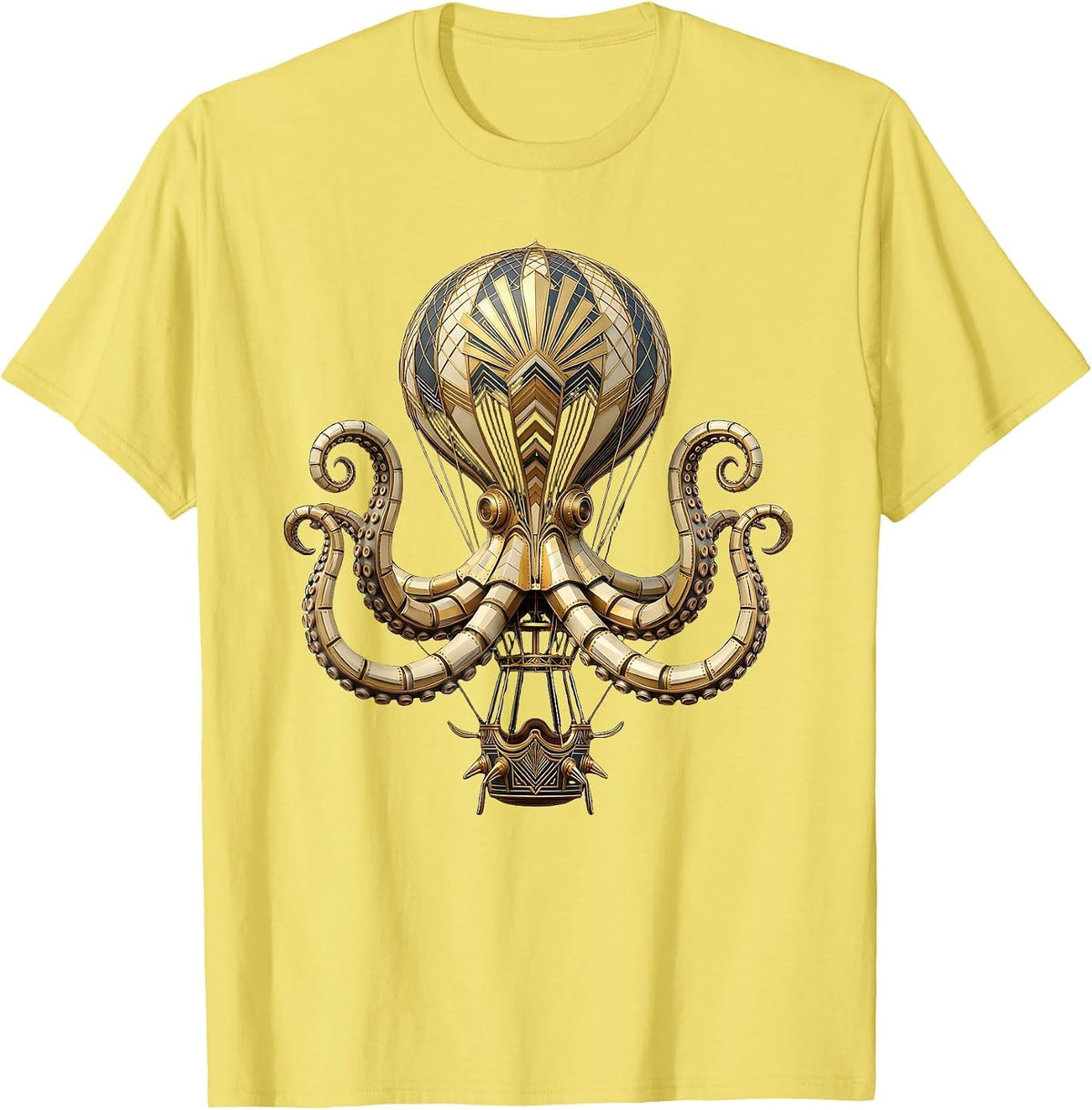 Men's Steampunk Octopus Gripping a Hot Air Balloon T-Shirt - Lemon Yellow