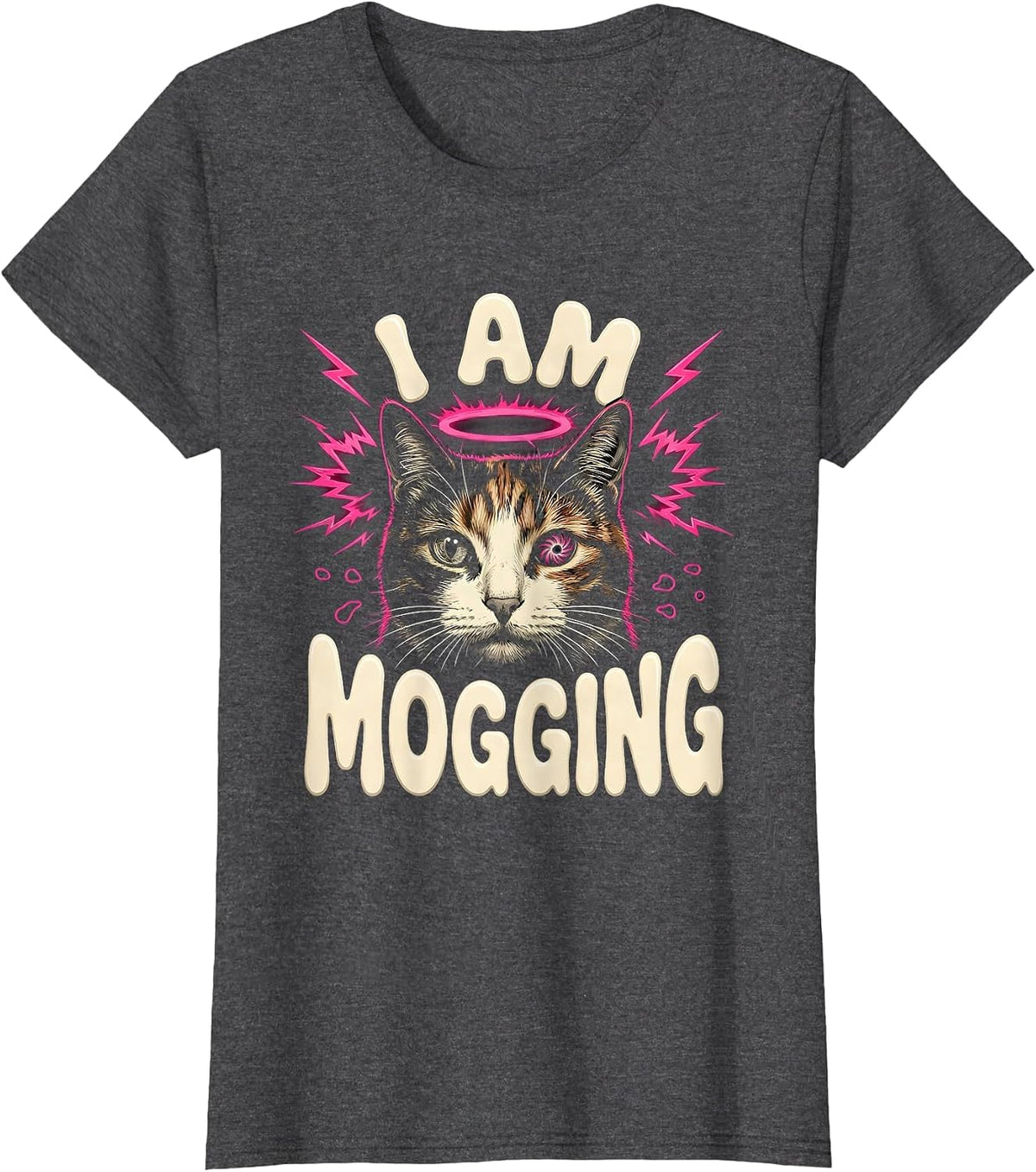Women's I Am Mogging Funny Cat Meme Bootleg Graphic T-Shirt - Dark Heather Grey