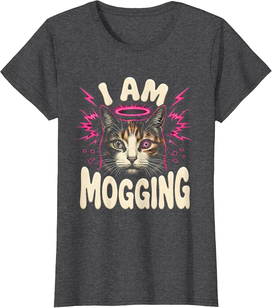 Women's I Am Mogging Funny Cat Meme Bootleg Graphic T-Shirt - Dark Heather Grey