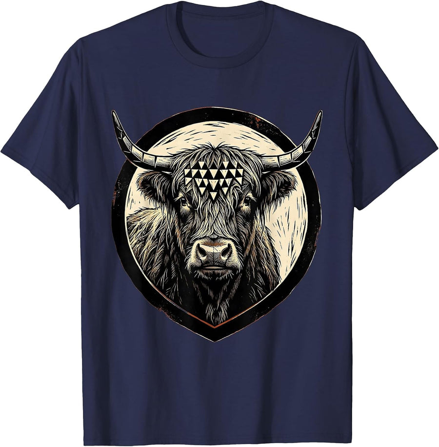 Geometric Highland Cow Low Poly Triangle Art T-Shirt - Navy Blue