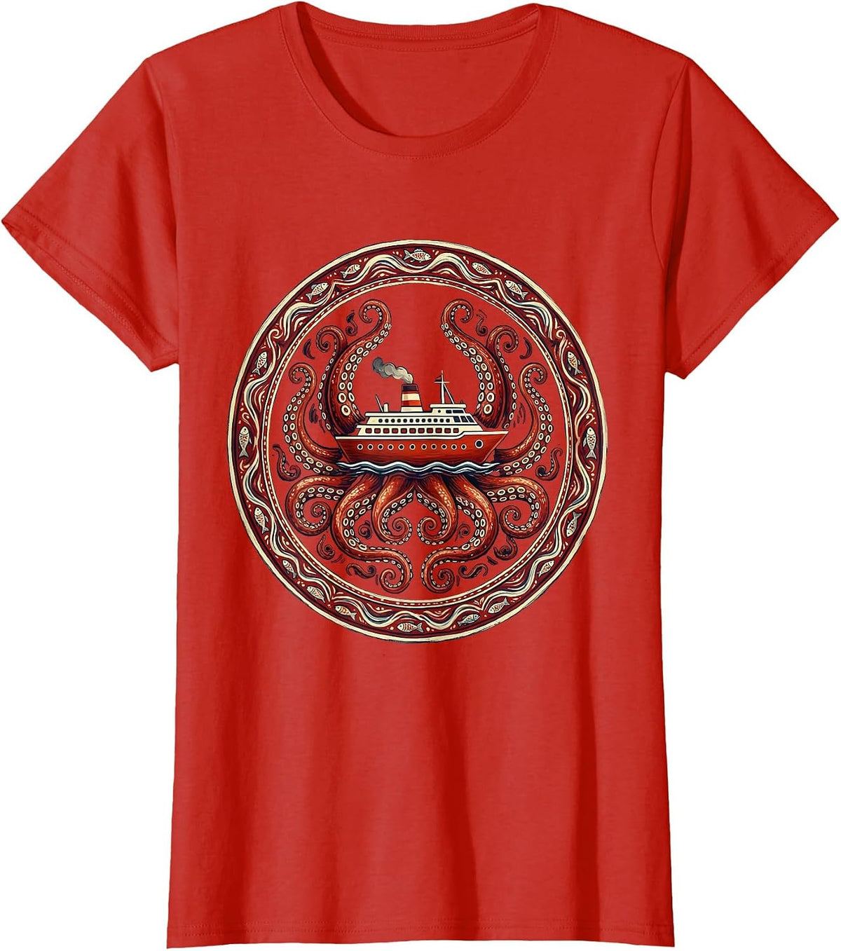 Giant Octopus Hugging Cruise Ship Illustration T-Shirt - Red