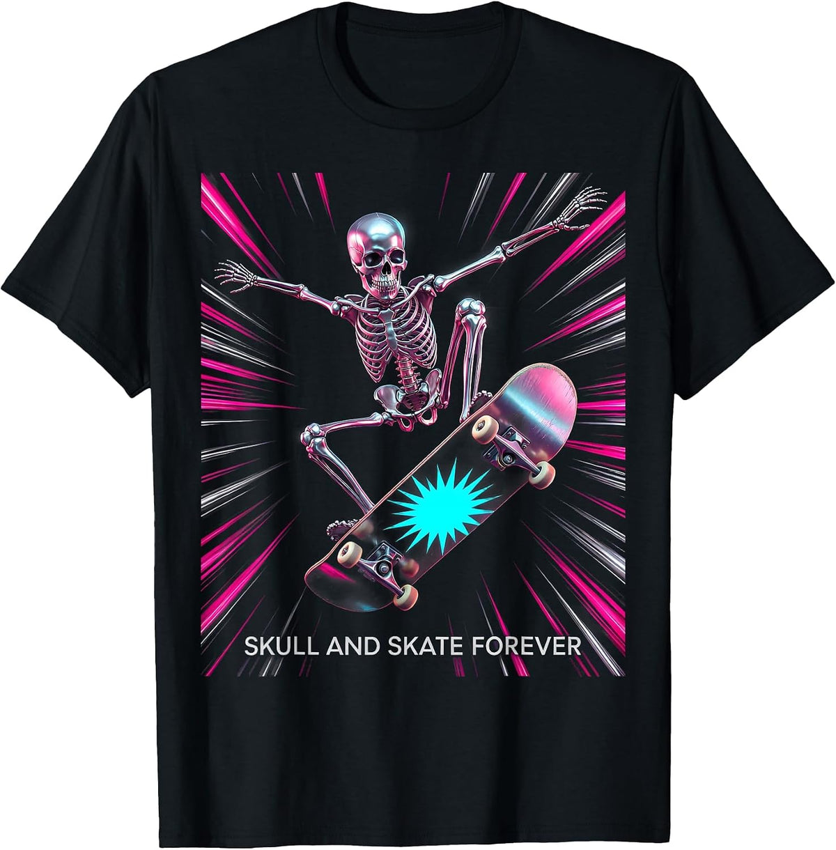 Men's Skull and Skate Forever Skeleton Skateboarding Design T-Shirt - Black
