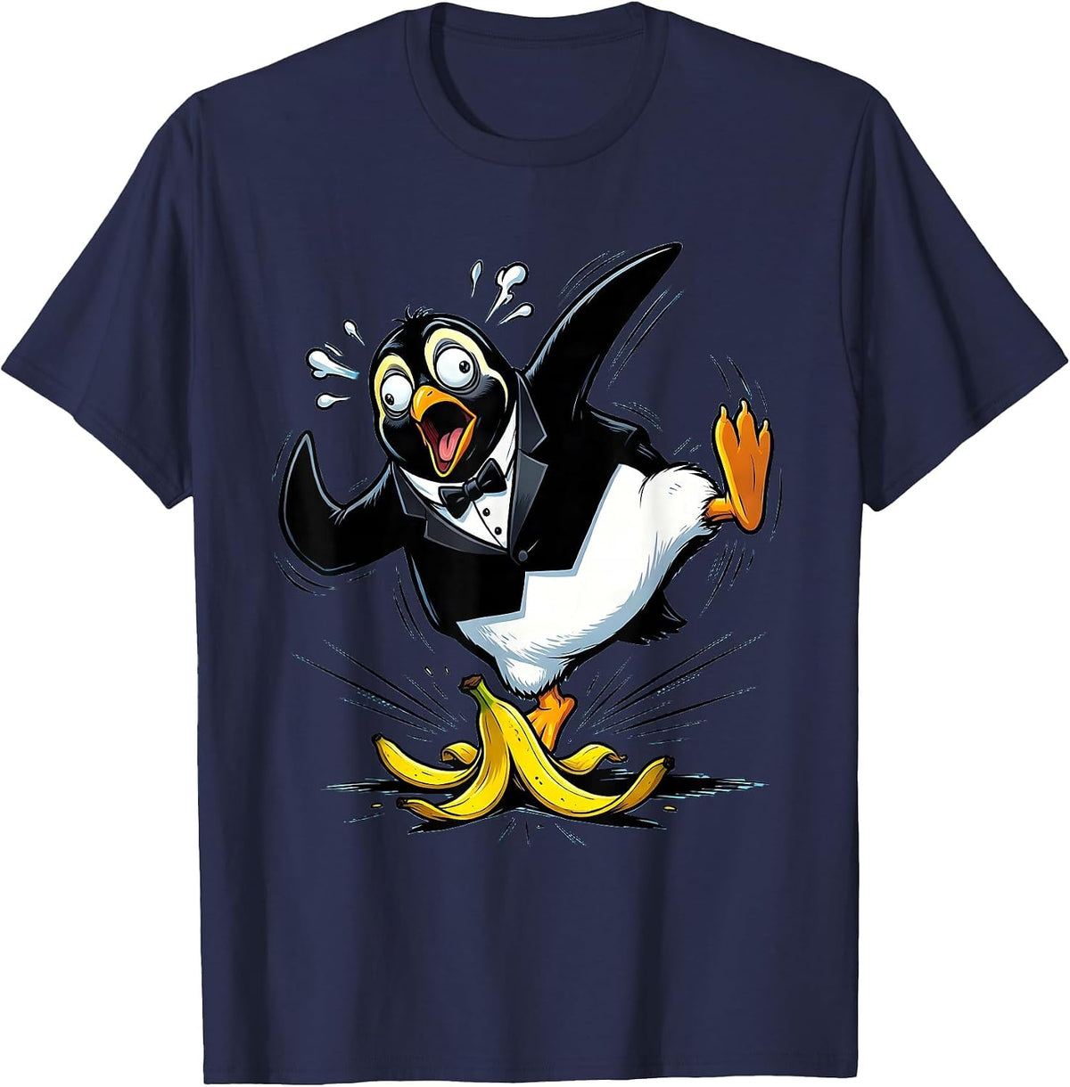 Men's Dramatic Penguin Banana Peel Slip Funny Art T-Shirt - Navy Blue