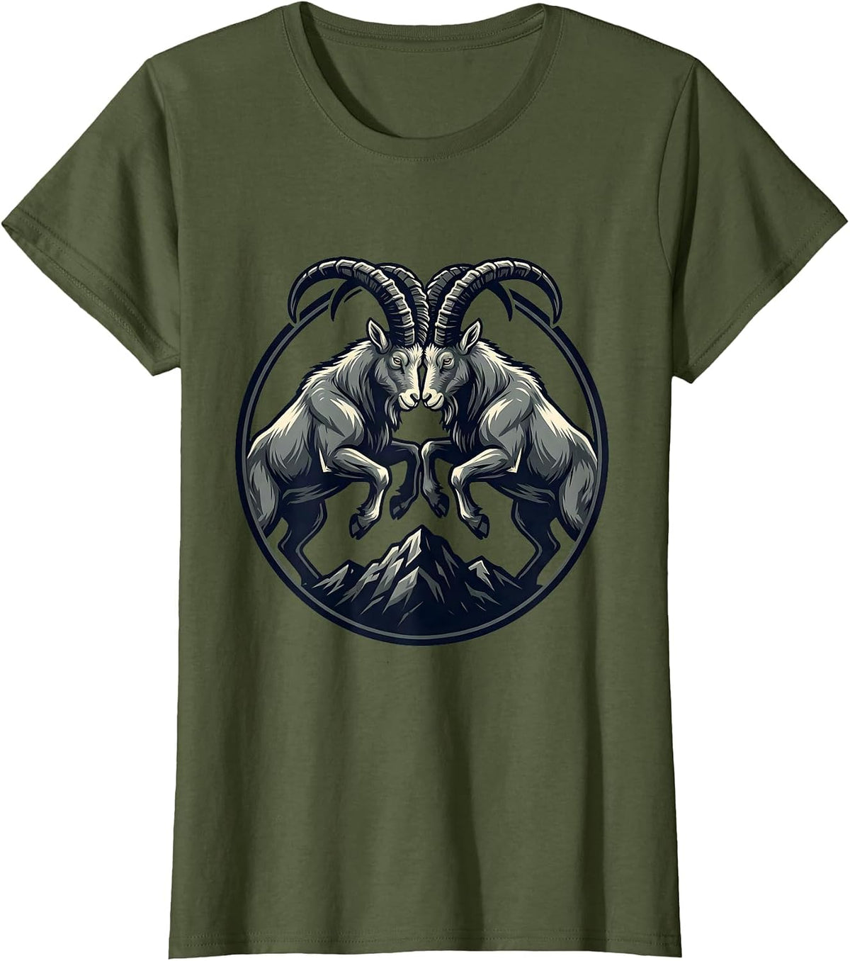 Women's Two Goats Clashing Horns on a Hilltop Graphic T-Shirt - Olive Green