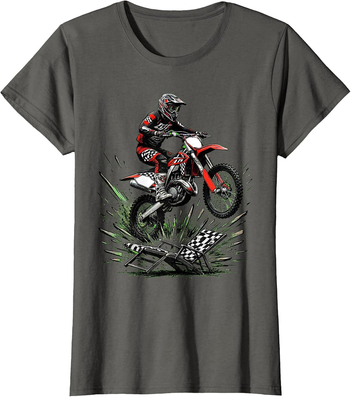 Women's Motocross Rider Helmeted Bike Over Lounge Chair Humor T-Shirt - Asphalt Grey