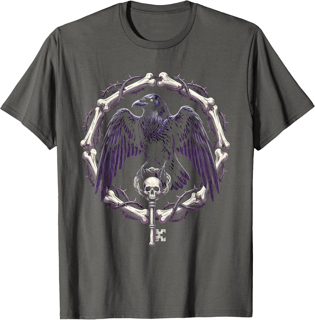 Men's Crow Holding Skeleton Key Gothic Illustration T-Shirt - Asphalt Grey