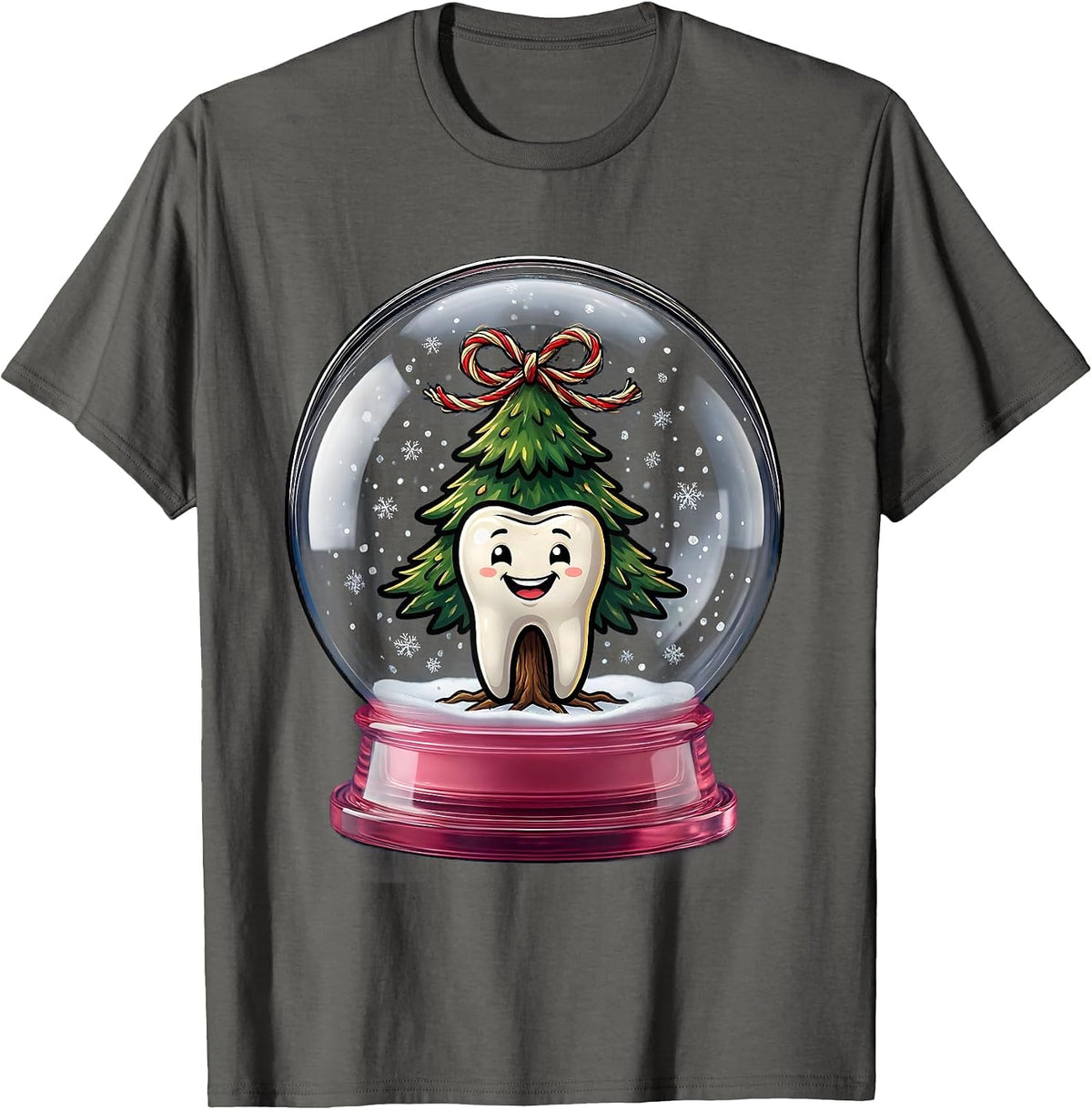 Men's Oversized Retainer Snow Globe Cartoon Dentist Christmas T-Shirt - Asphalt Grey