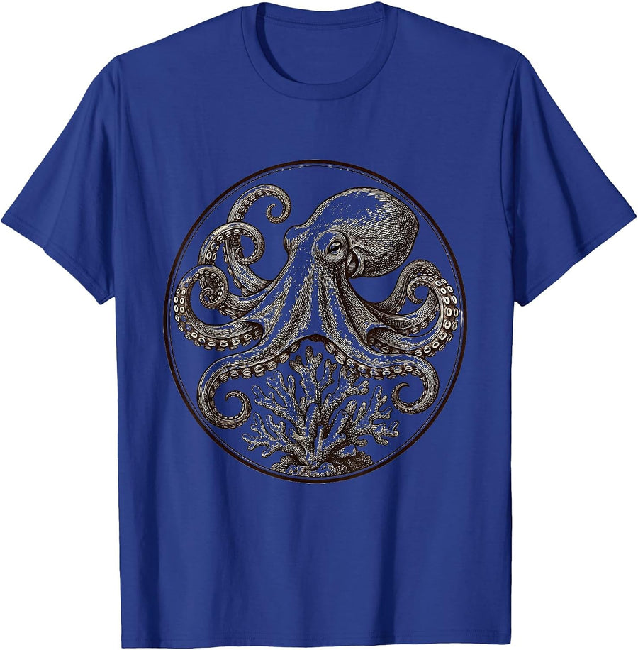Octopus Curled Around Coral Reef Illustration T-Shirt - Royal Blue