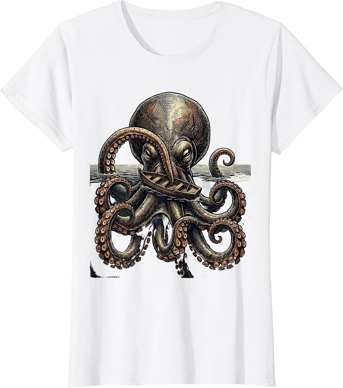 Kraken Domed Tentacle Vintage Octopus Lover Illustration T-Shirt - White