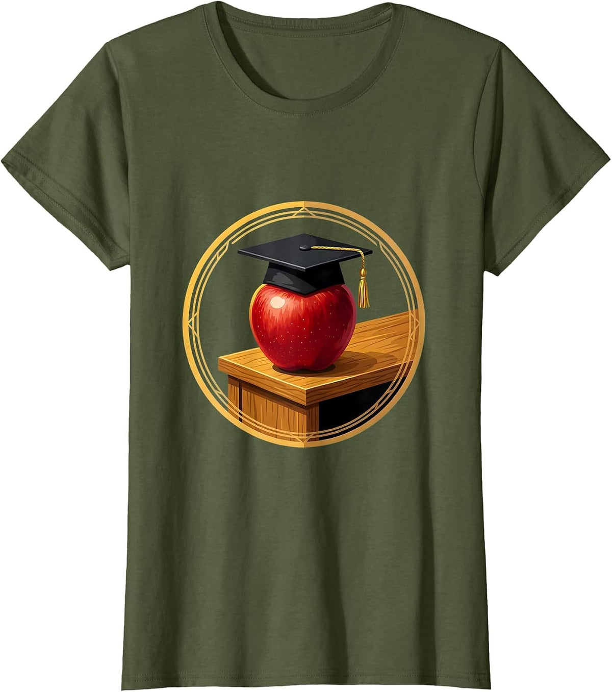 Preschool Teacher Apple Graduation Cap Desk Design T-Shirt - Olive Green