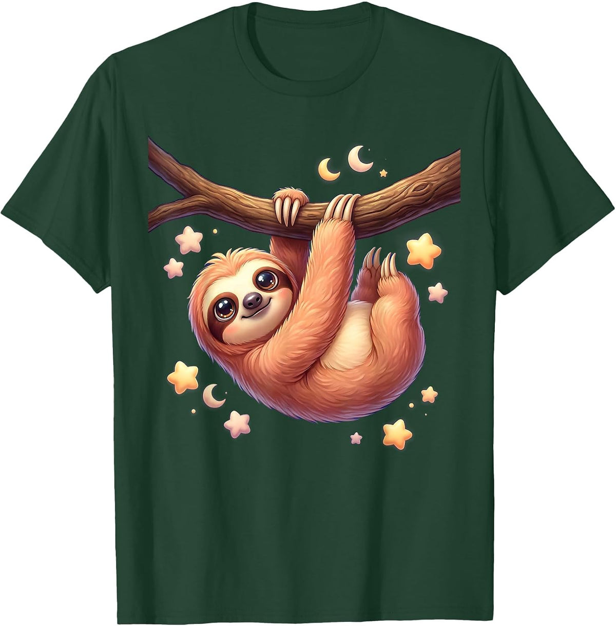 Men's Sloth Hanging From Branch Under Starry Night Sky T-Shirt - Dark Green