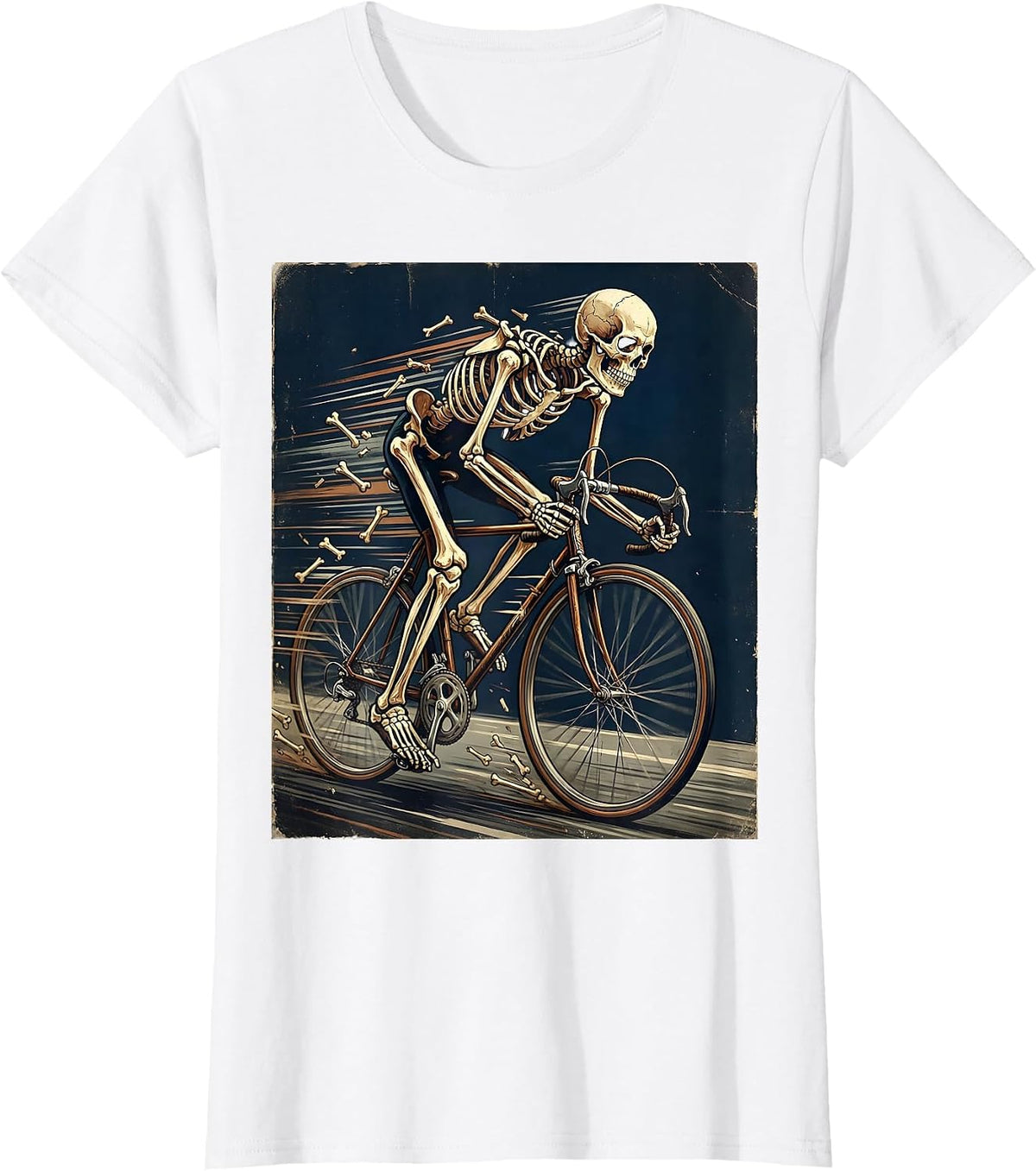 Women's Skeleton Cyclist Racing Full Speed Bike Graphic T-Shirt - White