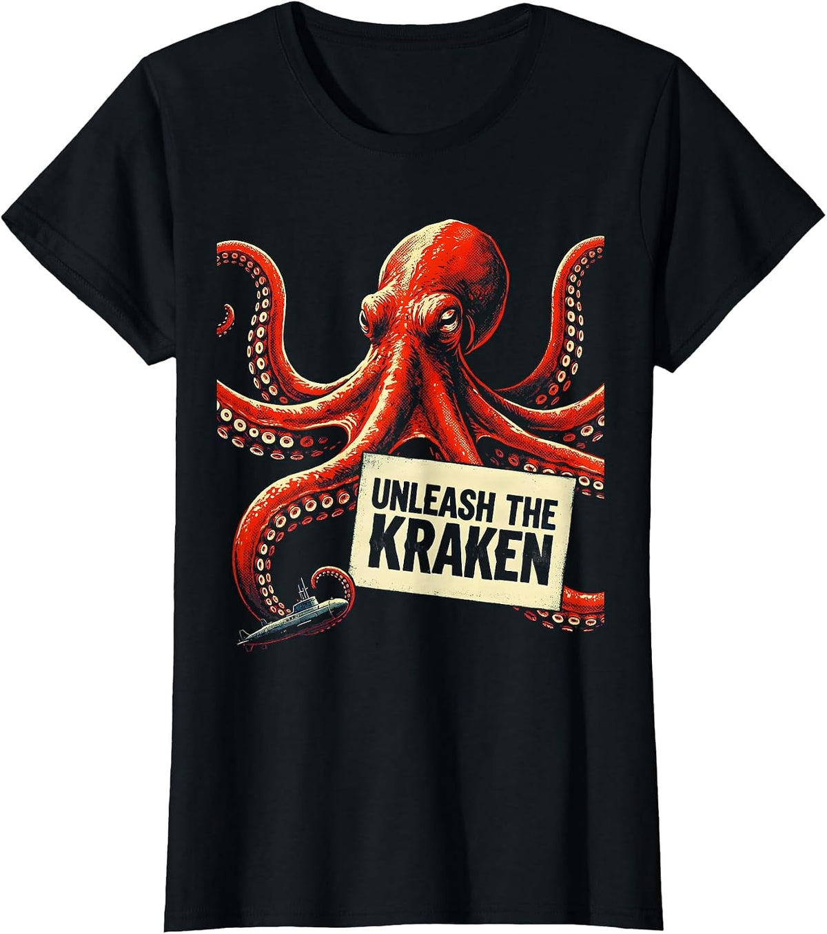 Women's Unleash The Kraken Stencil Graphic Octopus Lover Sea Monster T-Shirt - Black