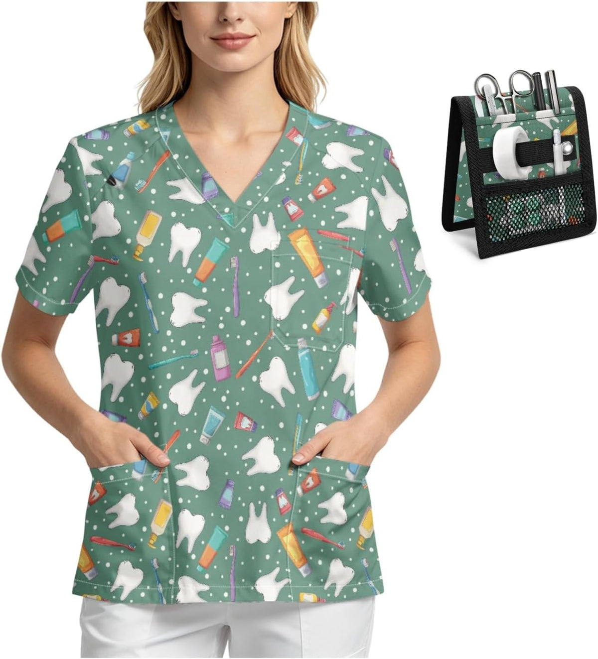 Breathable V-Neck Scrub Top with Nurse Pocket Organizer for Women - Tooth Print