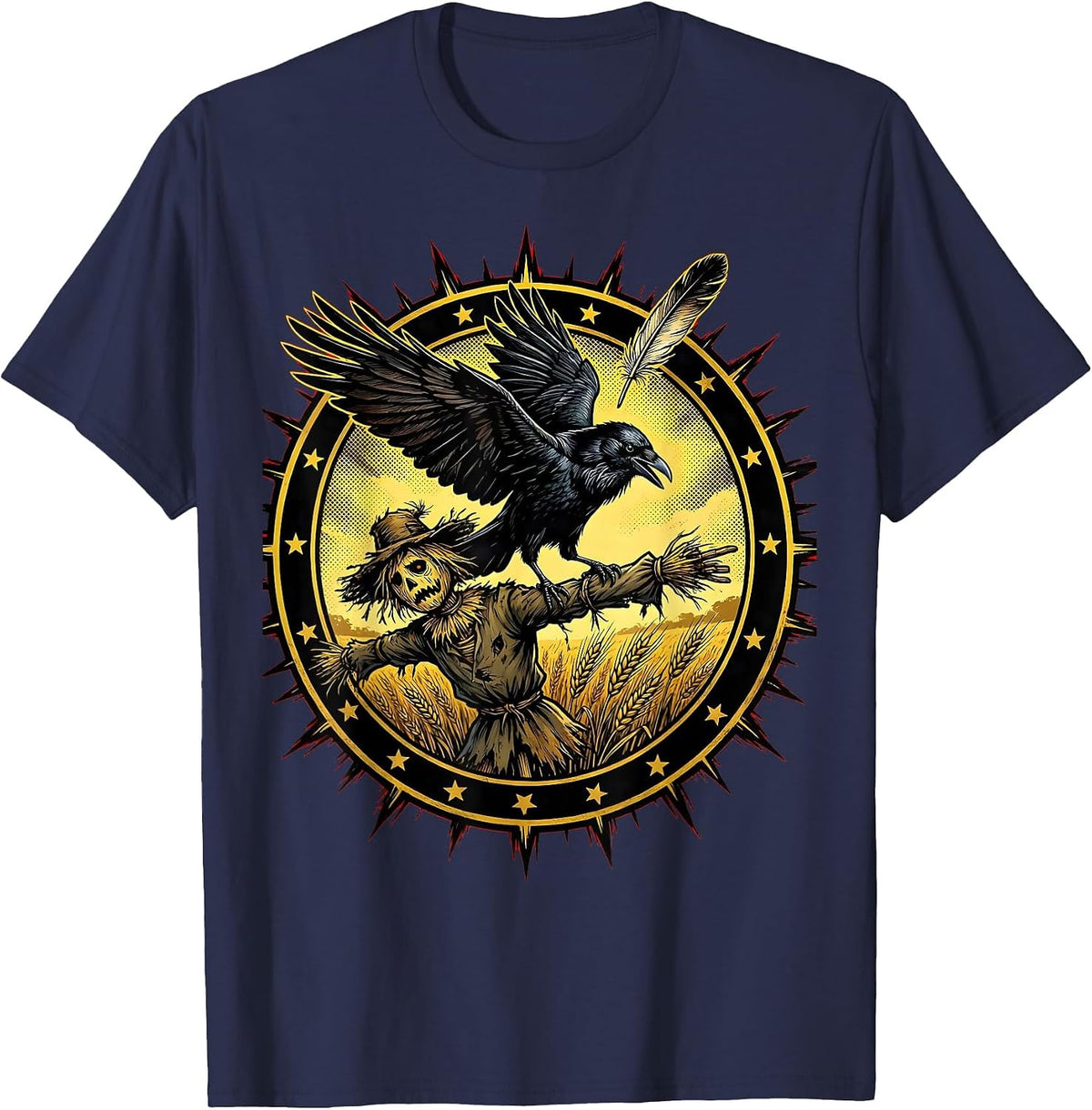 Crow Flipping Off Scarecrow Funny Field Art T-Shirt - Navy Blue