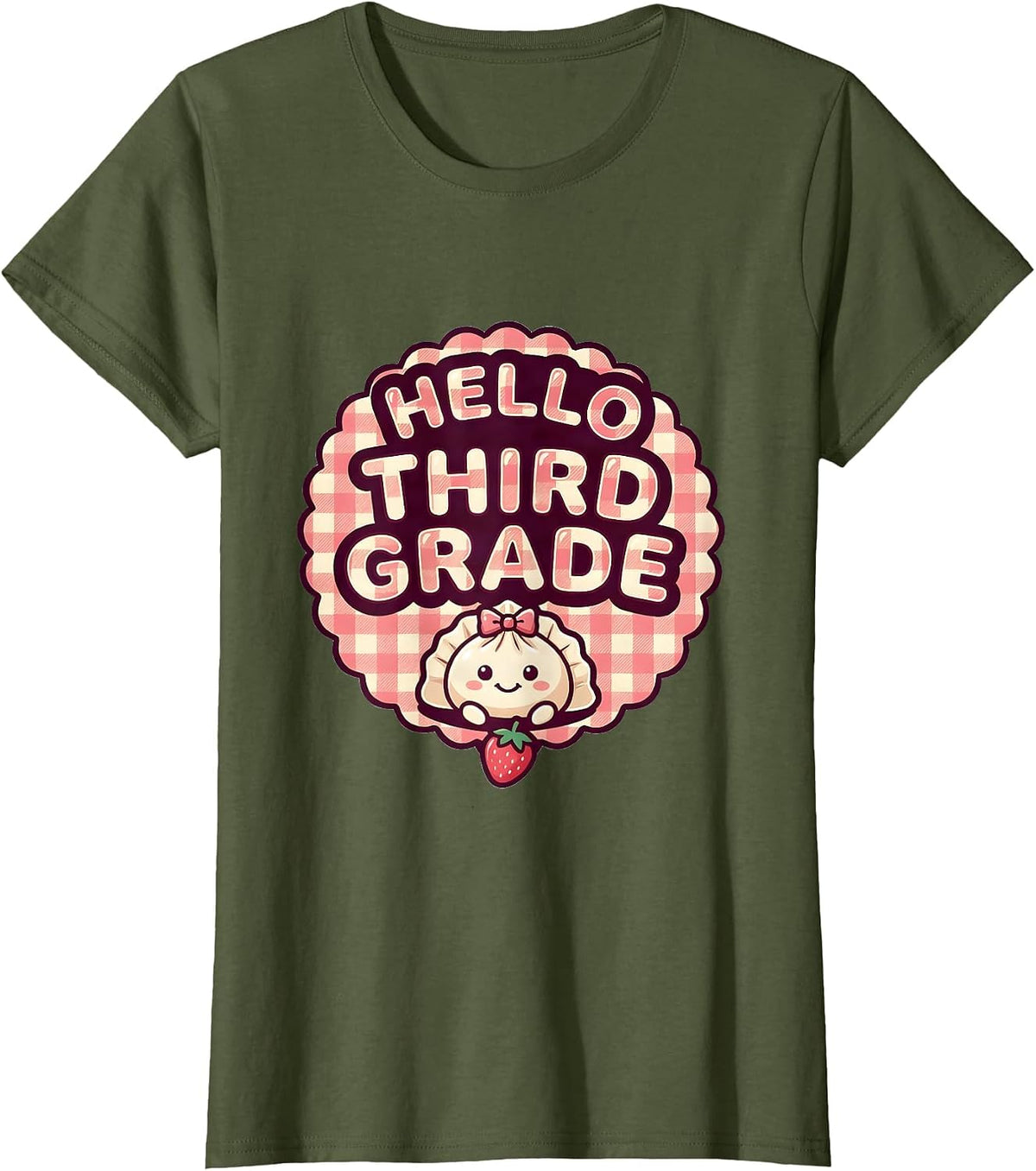 Women's Hello, Third Grade Cute Dumpling Girl Back to School Teacher T-Shirt - Olive Green