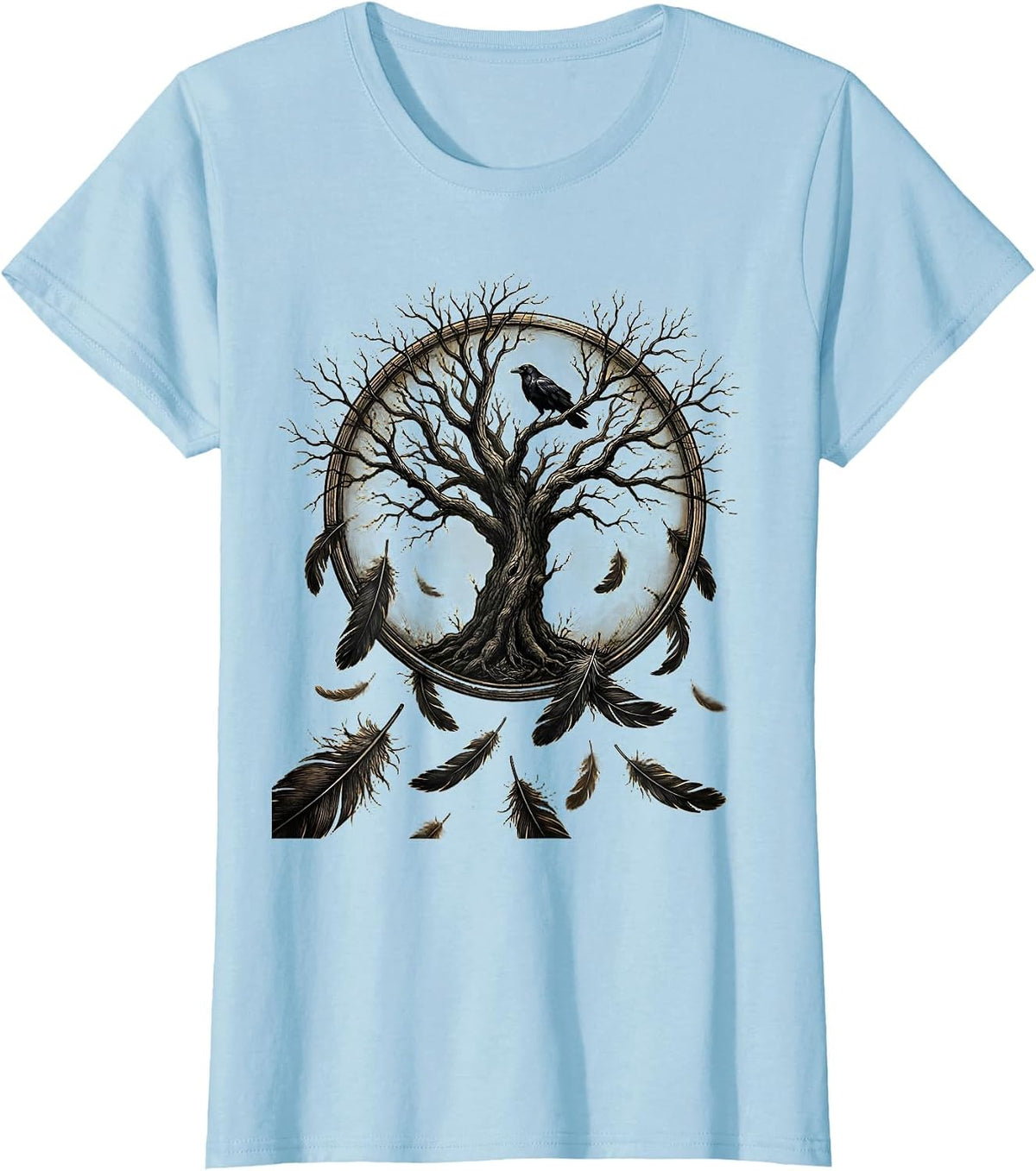 Crow Feathers Falling Around a Lone Tree T-Shirt - Baby Blue