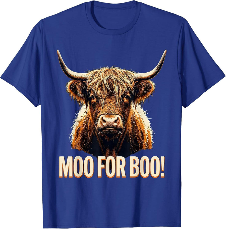Moo For Boo! Whimsical Highland Cow Halloween Fall Humor T-Shirt - Royal Blue