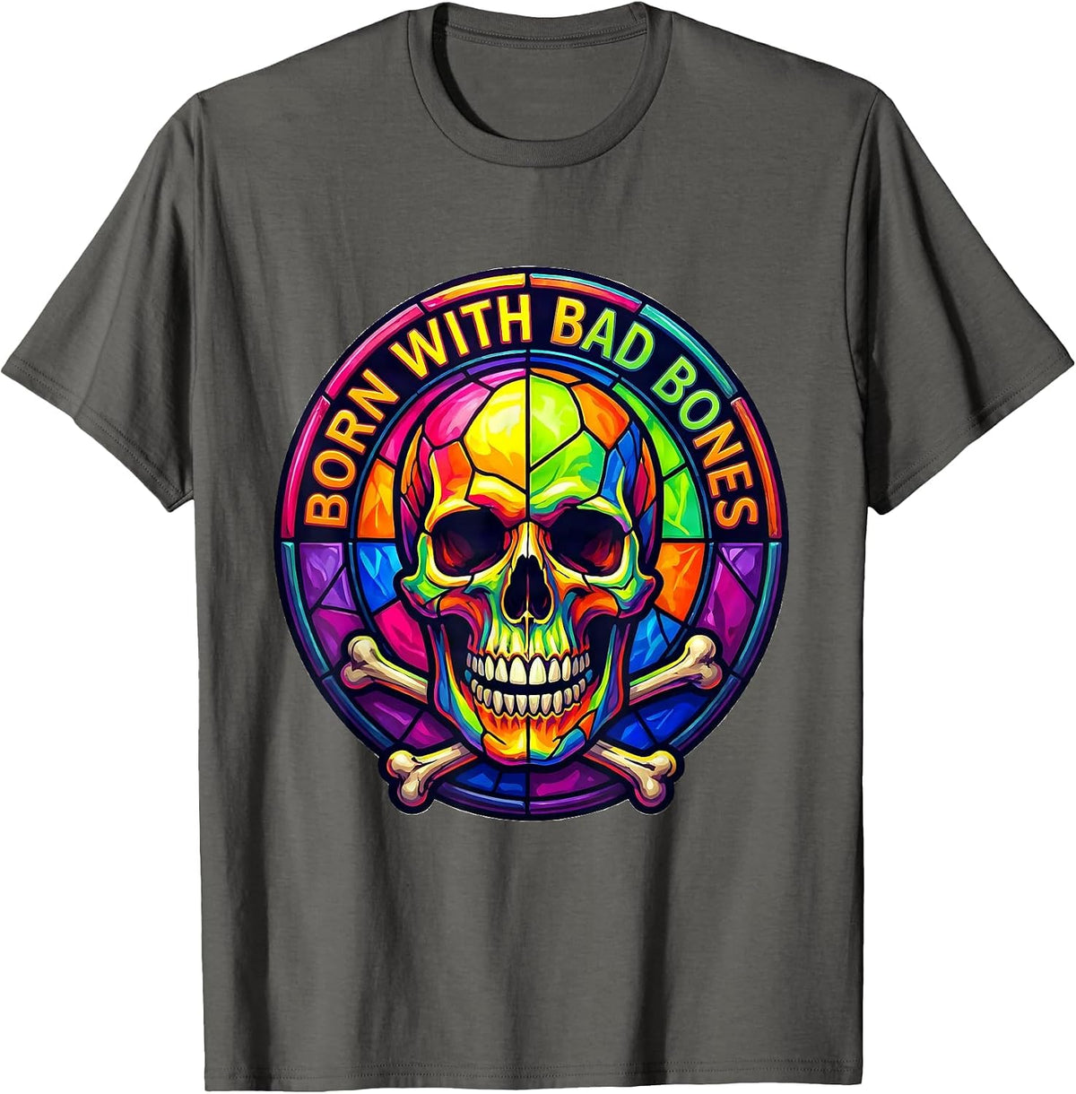 Born With Bad Bones Skull Graphic Design T-Shirt - Asphalt Grey