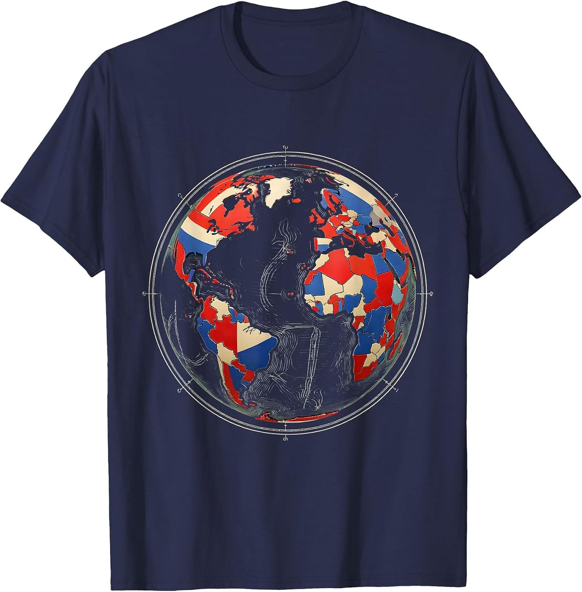 Global Flags Mosaic Geography Lover Travel Enthusiast T-Shirt - Navy Blue