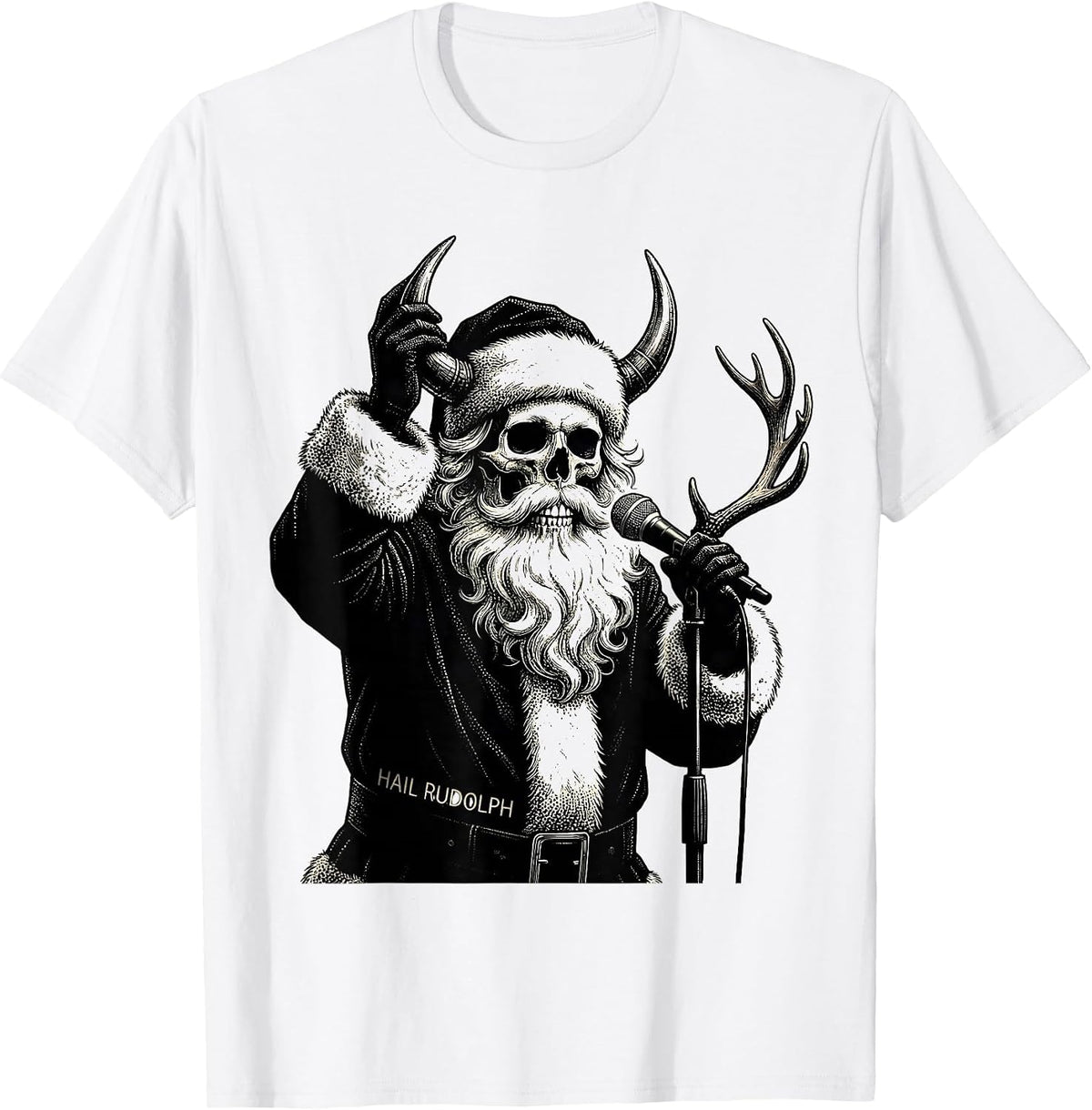 Men's Hail Rudolph Blackwork Dotwork Heavy Metal Santa Parody T-Shirt - White
