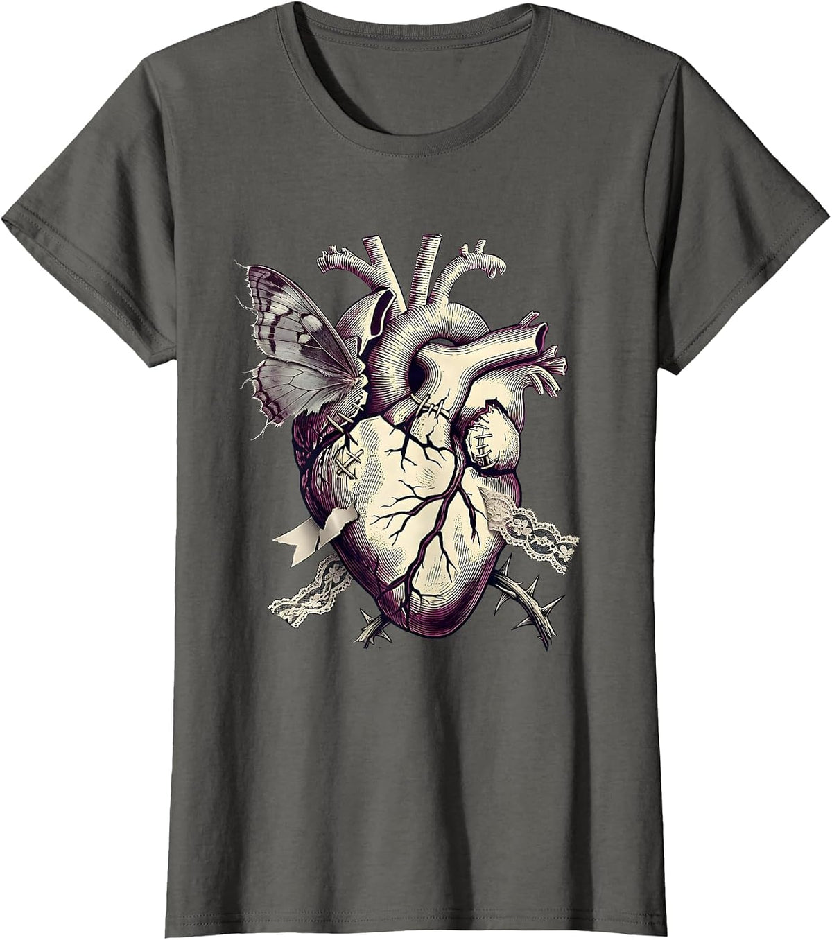 Women's Emo Broken Heart Stitched Together Graphic T-Shirt - Asphalt Grey