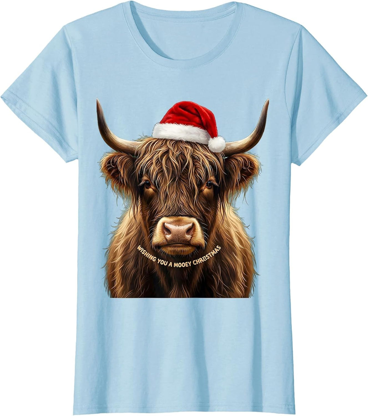 Wishing You a Mooey Christmas Highland Cow Santa Hat Farm T-Shirt - Baby Blue