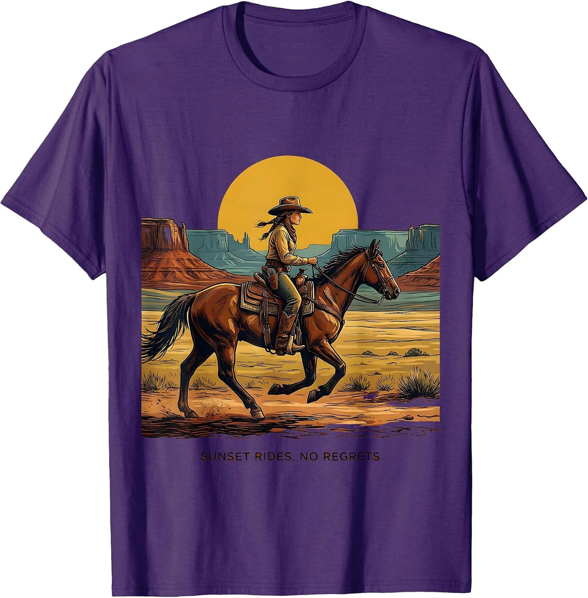 Sunset Rides No Regrets Cowgirl Design T-Shirt - Purple