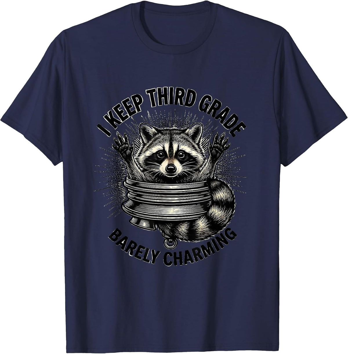 Men's I Keep Third Grade Barely Charming Funny Raccoon Teacher T-Shirt - Navy Blue