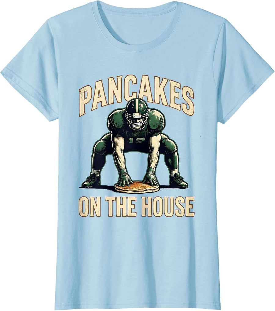 Pancakes On The House Vintage Football Lineman Game-Day T-Shirt, Women, Baby Blue, X-Small - As Pictured
