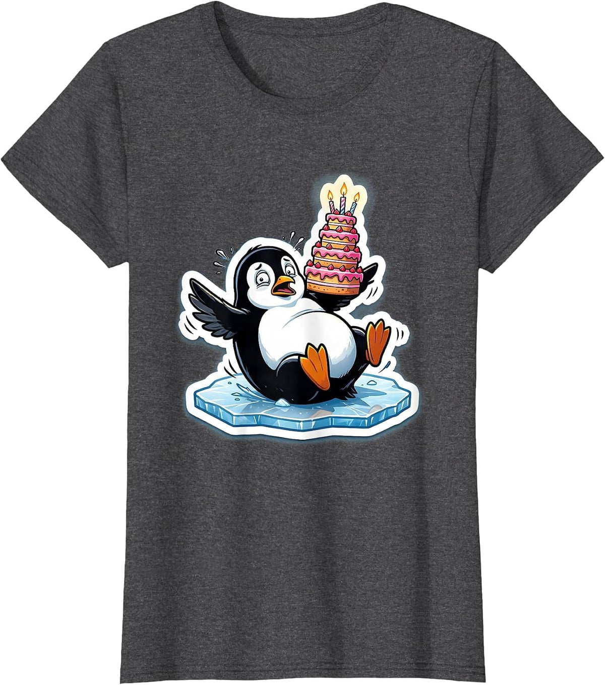 Women's Penguin Slipping on Ice With Birthday Cake T-Shirt - Dark Heather Grey