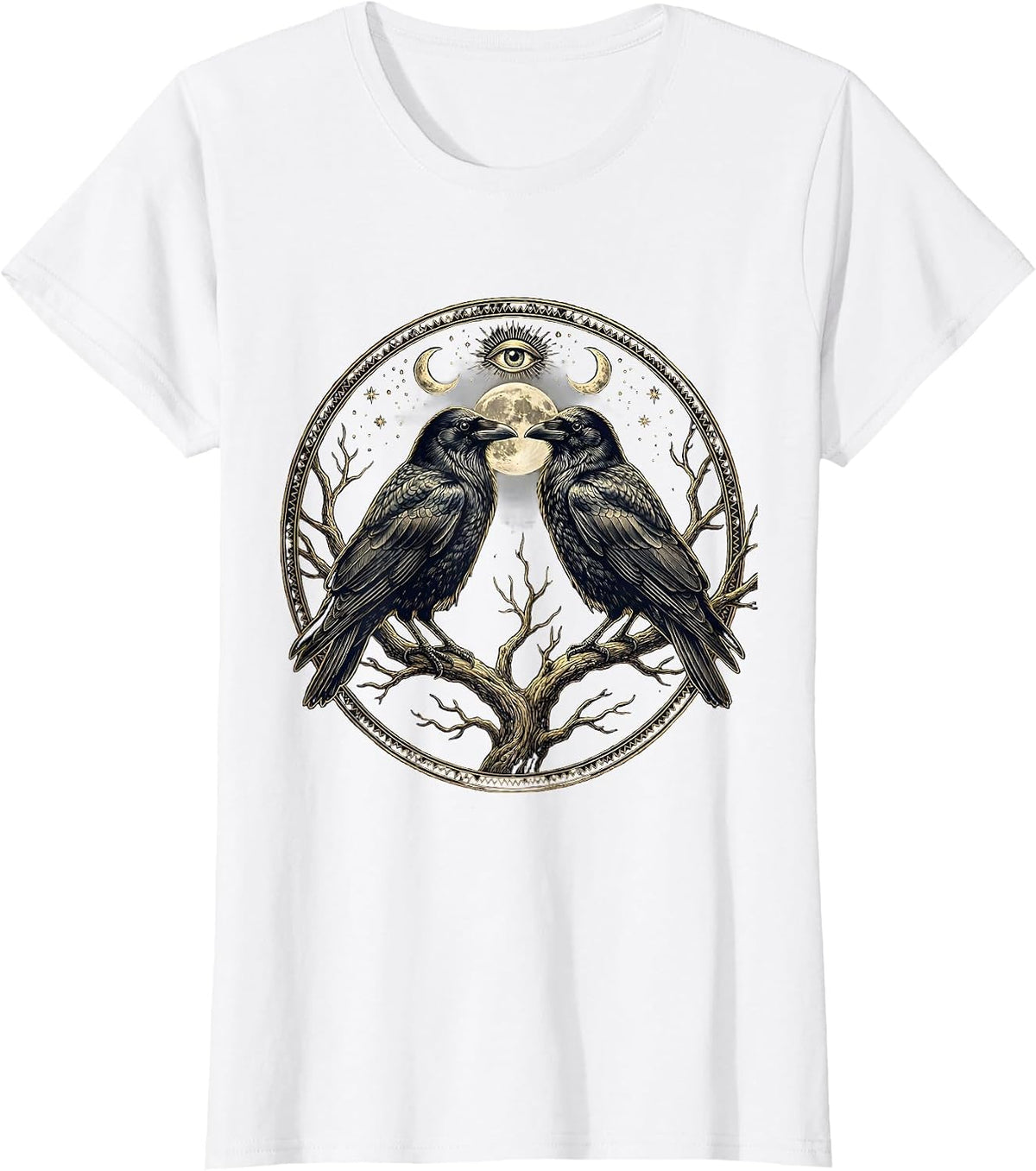 Women's Two Crows on a Branch Graphic Design T-Shirt - White