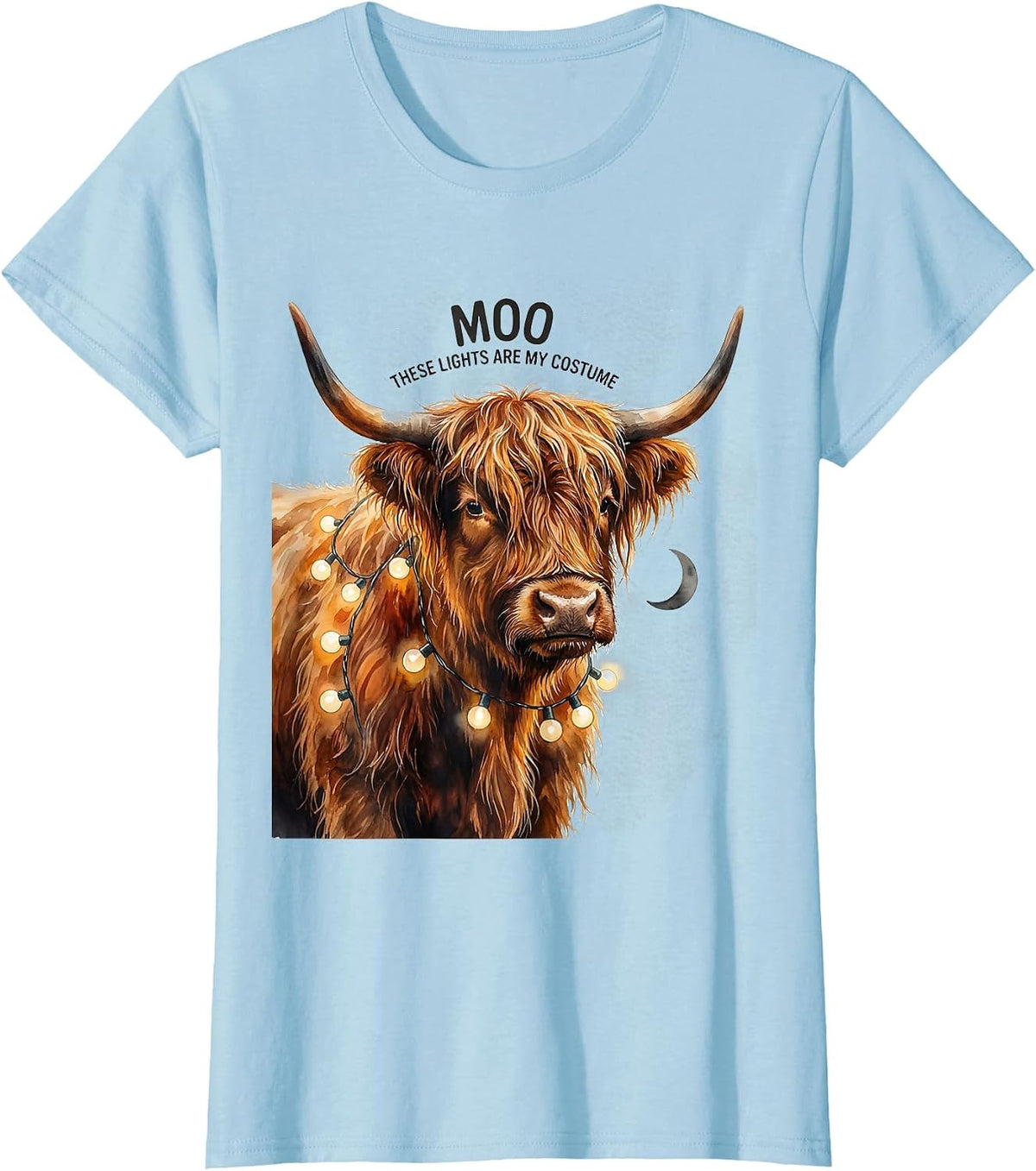 Moo These Lights Are My Costume Watercolor Highland Cow T-Shirt - Baby Blue
